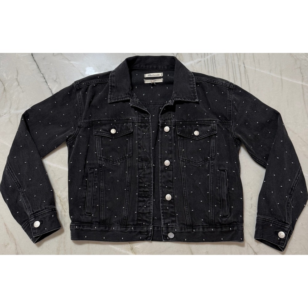 Madewell Boxy Crop Denim Jacket Black Silver Metallic Embroidered Dot Small #174